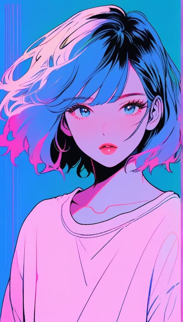 Illustrator, Anime , Realistic ,sketch , 1girl in, ,lip, order, Blue gradient background, Neon Hair,textured crop, Canadian, (masutepiece,Best Quality)