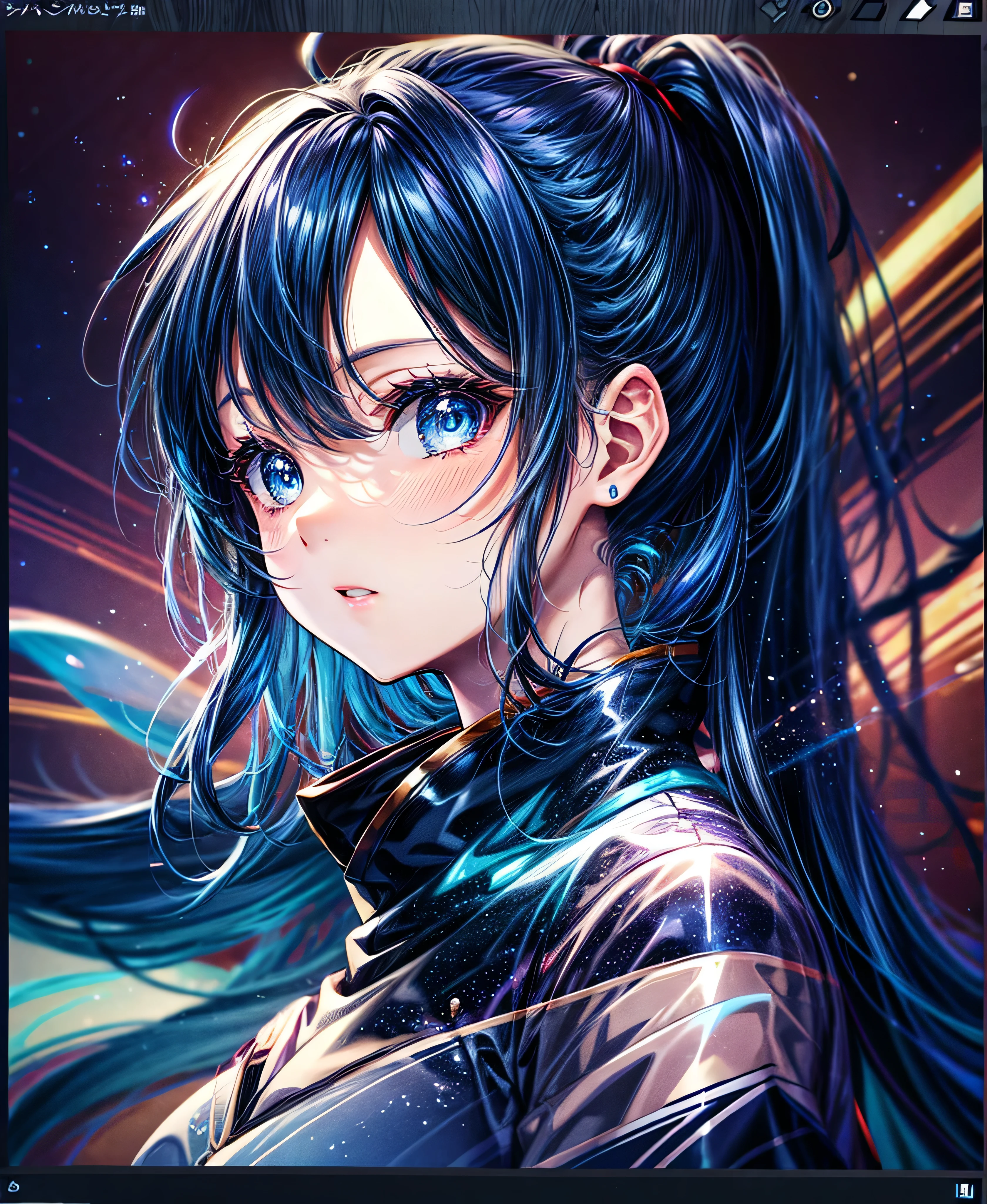 Glowing anime girl with dark blue hair and blue eyes, Anime Style 4 k, Anime Art Wallpapers 8K, Anime Style. 8k, anime art wallpaper 4k, anime art wallpaper 4k, anime wallpaper 4k, anime wallpaper 4k, 4k anime wallpaper, Glowwave girl portrait, Digital anime art, Anime girl with space-like hair