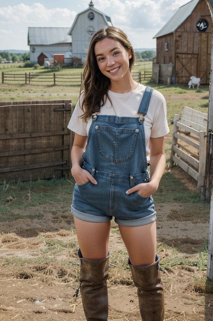 A full-body image of a brunette woman with freckles, looking happy and engaged. She is wearing overalls over a t-shirt and rubber boots. She stands in a farmyard, petting a goat with a bright smile. The background shows a barn and other farm animals.