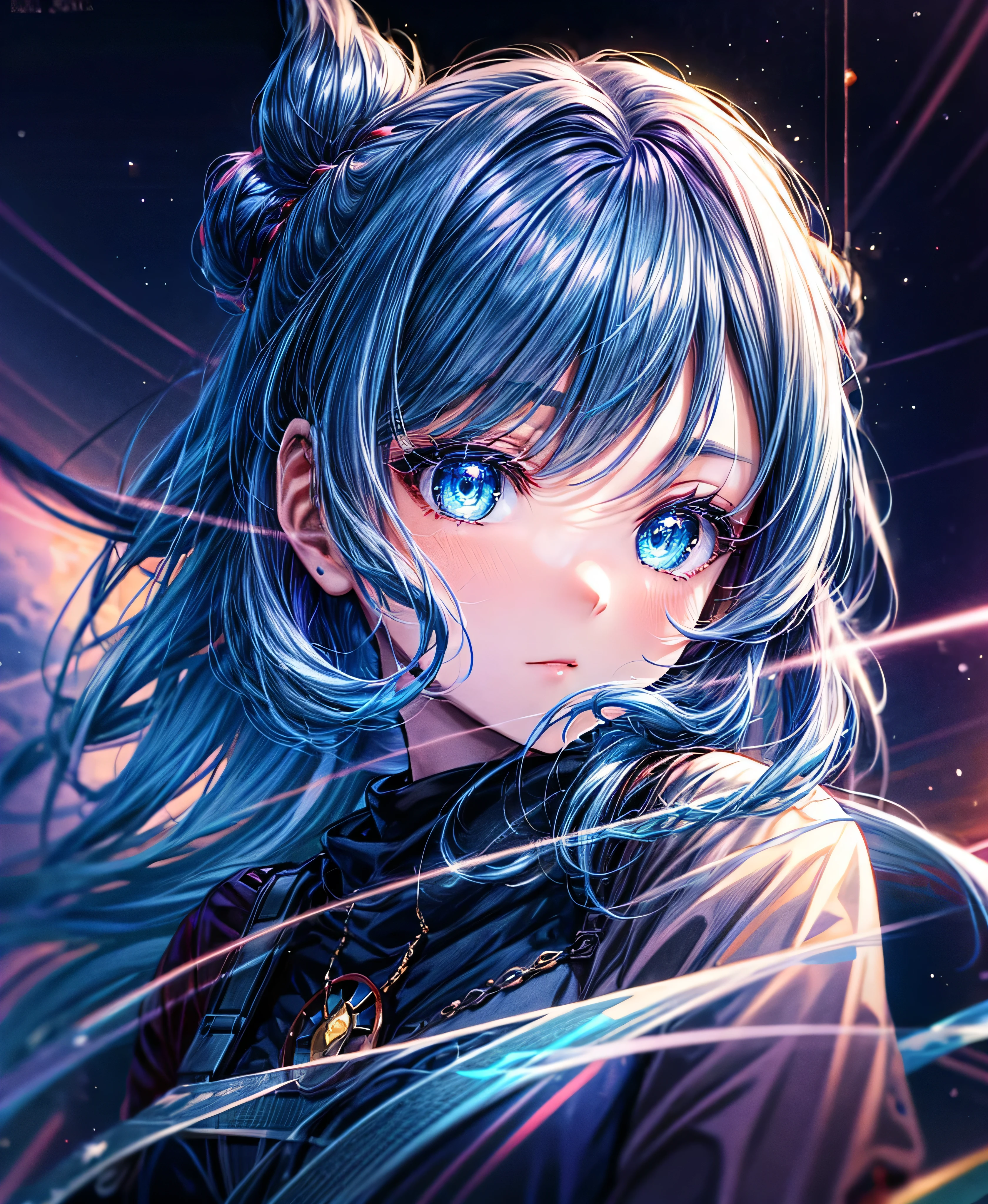 Glowing anime girl with dark blue hair and blue eyes, Anime Style 4 k, Anime Art Wallpapers 8K, Anime Style. 8k, anime art wallpaper 4k, anime art wallpaper 4k, anime wallpaper 4k, anime wallpaper 4k, 4k anime wallpaper, Glowwave girl portrait, Digital anime art, Anime girl with space-like hair