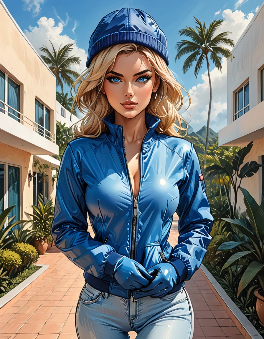 (((girl in Blue zipped up down winter jacket and black turtleneck )) and levis (jeans) and blue gloves and (((blue winter hat)))) walking against the backdrop of a white hotel in the tropics,outside, sun lounger, white hotel, swimming pool,adult, [Nordic],  perfect Olive skin, Oval Face, Rounded shoulders, (Short blonde Waves hair), snub nose, Arched eyebrows, ((Monolid blue Eyes)), High Round Narrow cheekbones, Dimpled Cheeks, Rounded Chin, Rounded Jawline, Full nude Lips, (blue eyes), Nude Makeup Look, long eyelashes,  graphic style of novel comics, perfect hands, 2d, 8k, hyperrealism, masterpiece, high resolution, best quality, ultra-detailed, super realistic, Hyperrealistic art, high-quality, ultra high res, highest detailed, lot of details, Extremely high-resolution details, incredibly lifelike, soft cinematic light,