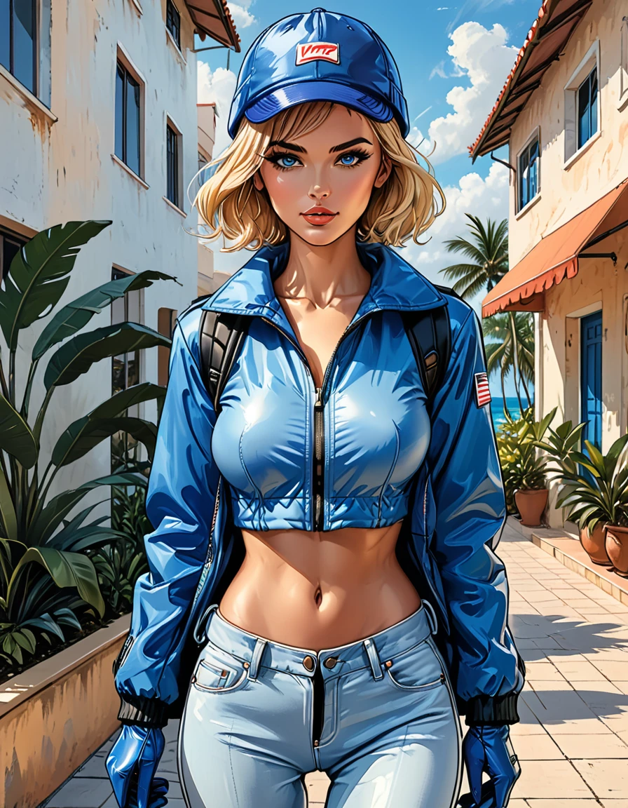 (((girl in Blue zipped up down winter jacket and black turtleneck )) and levis (jeans)  and blue gloves and (((blue winter hat)))) walking against the backdrop of a white hotel in the tropics,outside,  adult, [Nordic], Hourglass elongated fitness body, perfect Olive skin, Oval Face, Rounded shoulders, perfect hand, (Short blonde Waves pixie hair), snub nose, Arched eyebrows, ((Monolid blue Eyes)), High Round Narrow cheekbones, Dimpled Cheeks, Rounded Chin, Rounded Jawline, Full  Lips, (blue eyes), Nude Makeup Look, long eyelashes, third breast size, long slim fitness legs, graphic style of novel comics, perfect hands, 2d, 8k, hyperrealism, masterpiece, high resolution, best quality, ultra-detailed, super realistic, Hyperrealistic art, high-quality, ultra high res, highest detailed, lot of details, Extremely high-resolution details, incredibly lifelike, soft cinematic light,