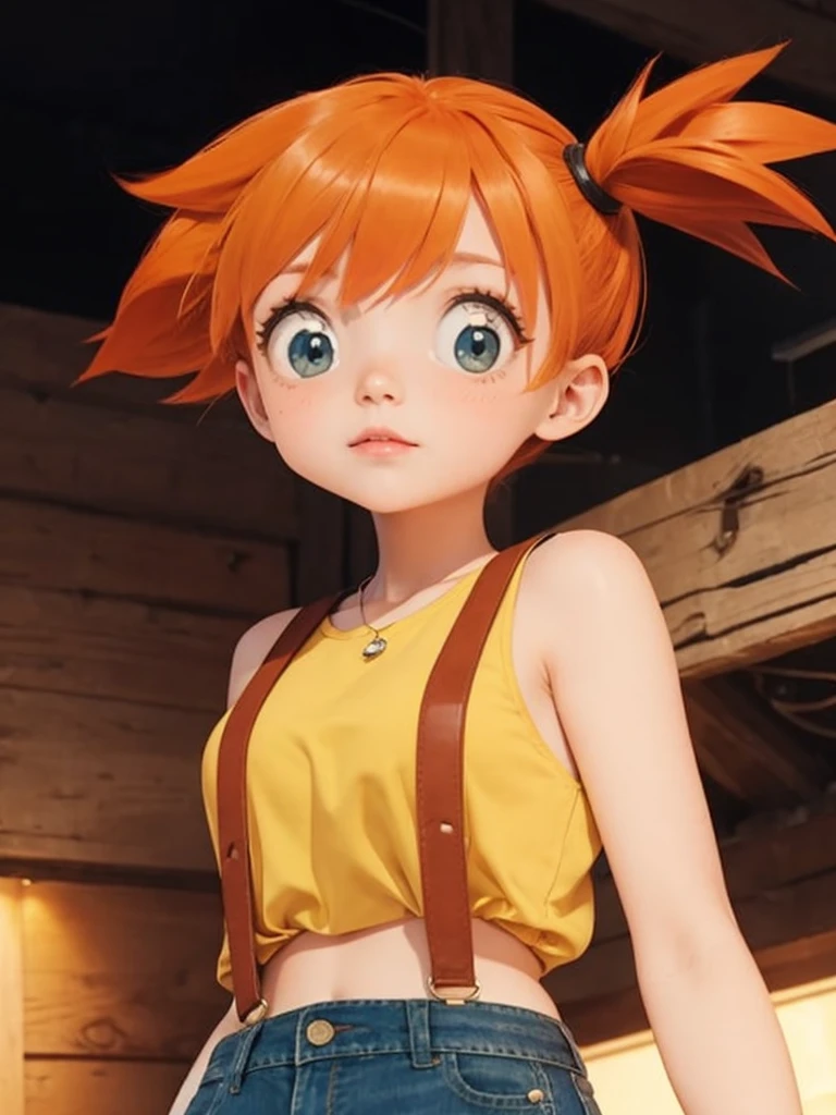 A pretty, with tied orange hair, with yellow blouse jeans.