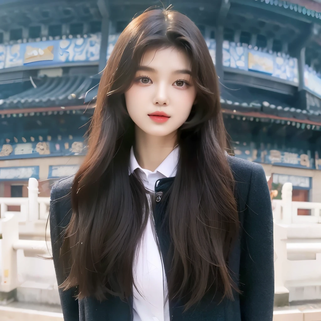 There is a woman standing in front of a building, Bae Xiuzhi,Li Zhien, Li Zhien, Portrait of Korean female idol,long black curly hair,Girl with long hair parted in the middle,