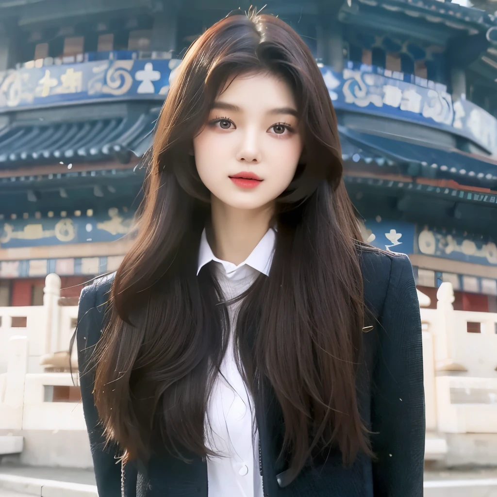 There is a woman standing in front of a building, Bae Xiuzhi,Li Zhien, Li Zhien, Portrait of Korean female idol,long black curly hair，Girl with long hair parted in the middle，