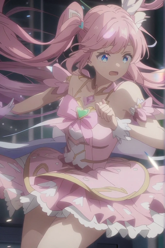 High quality,anime screenshot,4k,happy,flying,magical girl,magical girl dress,long pink hair,efects,pigtails,blue eyes,long lashes,worried