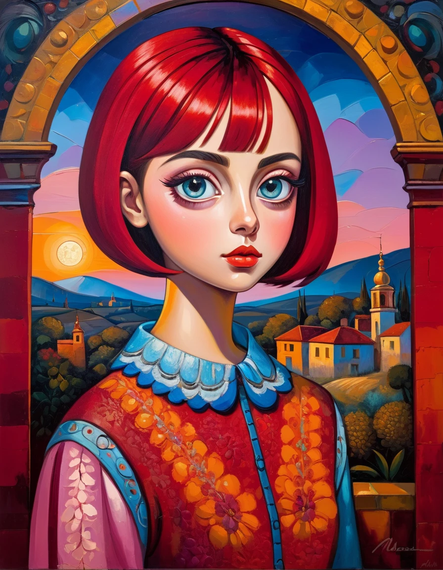 [(front portrait: pretty teen girl  with big eyes and a short red bob)((Mordecai-Ardon style)))::20]/[background:landscape
 Baroque (moonlight sunset), style Rafael Santi], naive art, primitivism, protogen, crimson/liliac, very colorful,((oil painting)),((masterpiece)),single shot
