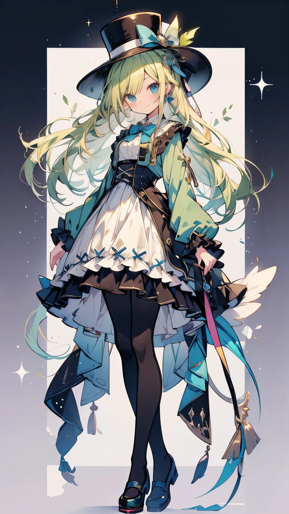 a picture is a cartoon style pic with a female protagonist and her pet, solo, 1girl, dress, long hair, hat, full body, blue eyes, bow, top hat, mini hat, mini top hat, sparkle, sidelocks, brown dress, white pantyhose, very long hair, smile, looking at viewer, simple background, bowtie, frills, bangs, yellow green hair, frilled dress, white background, pantyhose, closed mouth, standing, shoes