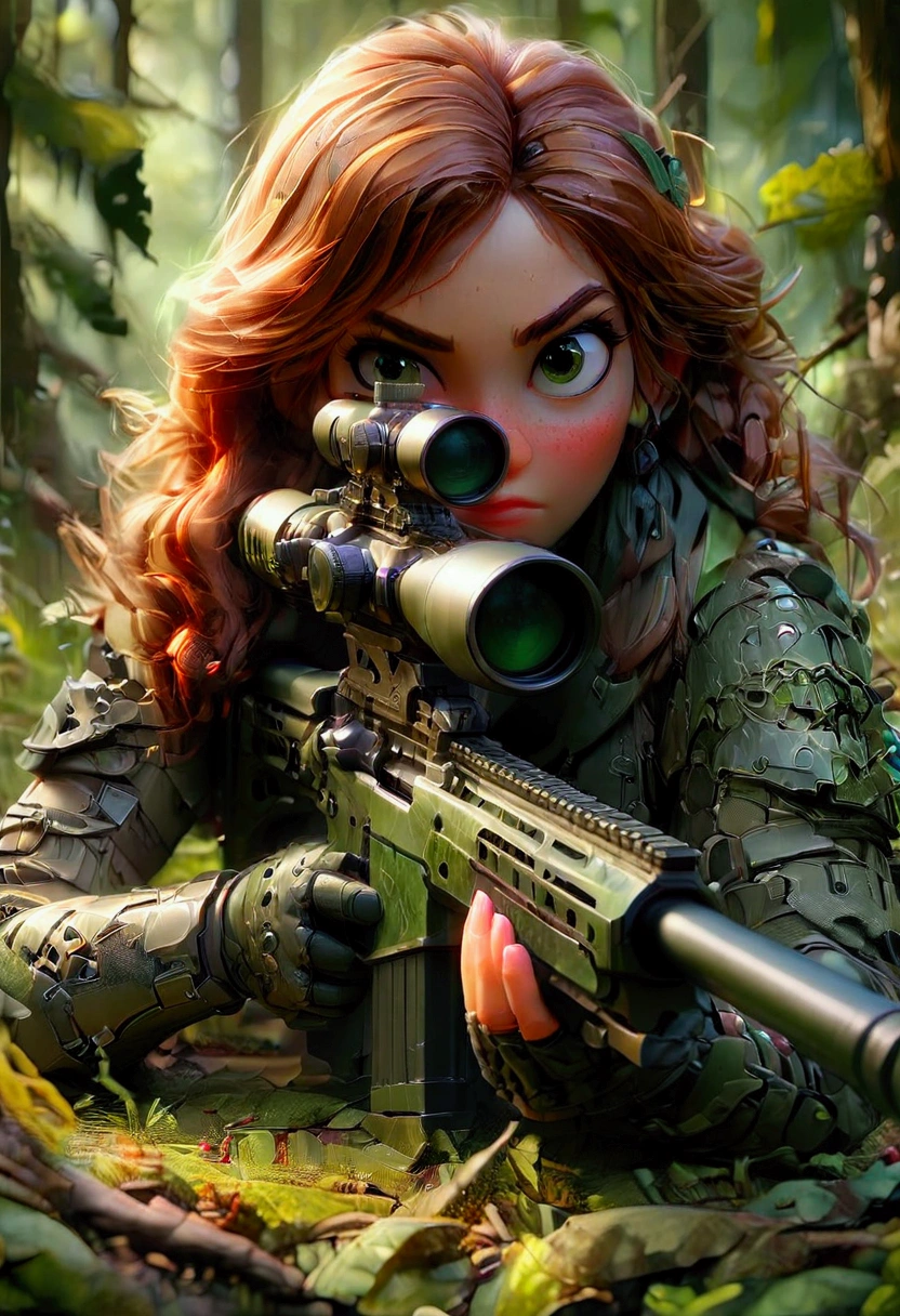 1girl, Sniper, A highly detailed, portrait of a skilled sniper in a camouflage uniform, lying prone with a high-powered sniper rifle, focused intently through the scope, surrounded by lush foliage in a forest environment, dramatic lighting, cinematic composition, hyper-detailed textures, muted color palette, gritty, masterpiece, best quality, very aesthetic, absurdres