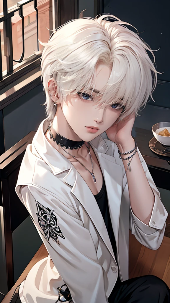 boy with white hair,boy with orange eyes,boy with elongated sharp facial structure,boy similar to chaewon from ruseraphim,slim attractive body,neutral face expression,detailed beautiful eyes,korean style makeup,eyeliner,mascara,visual kei,punk,emo style,wearing jacket shirt pants,diagonal side view upper body focus,extreme detail,high quality,masterpiece,choker,chains around neck,crosses accessories,piercings,tattoos under eyes