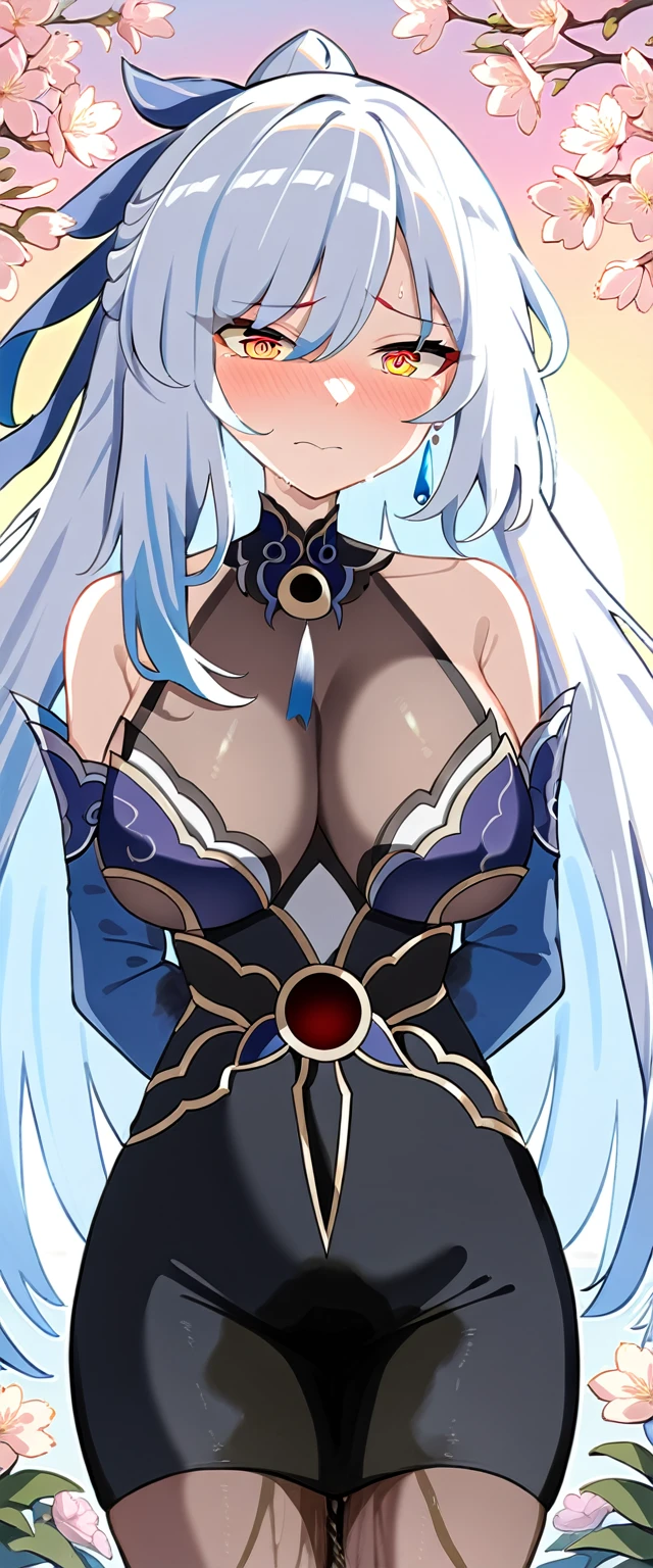 (masterpiece:1.37), best quality, (extremely detailed:1.37), (1girl:1.5), woman, (mature:1.5), (adult:1.5), jingliu, white hair, long hair, ponytail, hair ribbon, red eyes, earrings, jewelry, black dress, silk dress, transparent dress, (extremely tight dress:1.5), (extremely detailed eyes:1.37), (wetting self:1.5), desperation, embarrassed, humiliation, blushing, angry, cherry blossoms, garden, (golden hour:1.5)