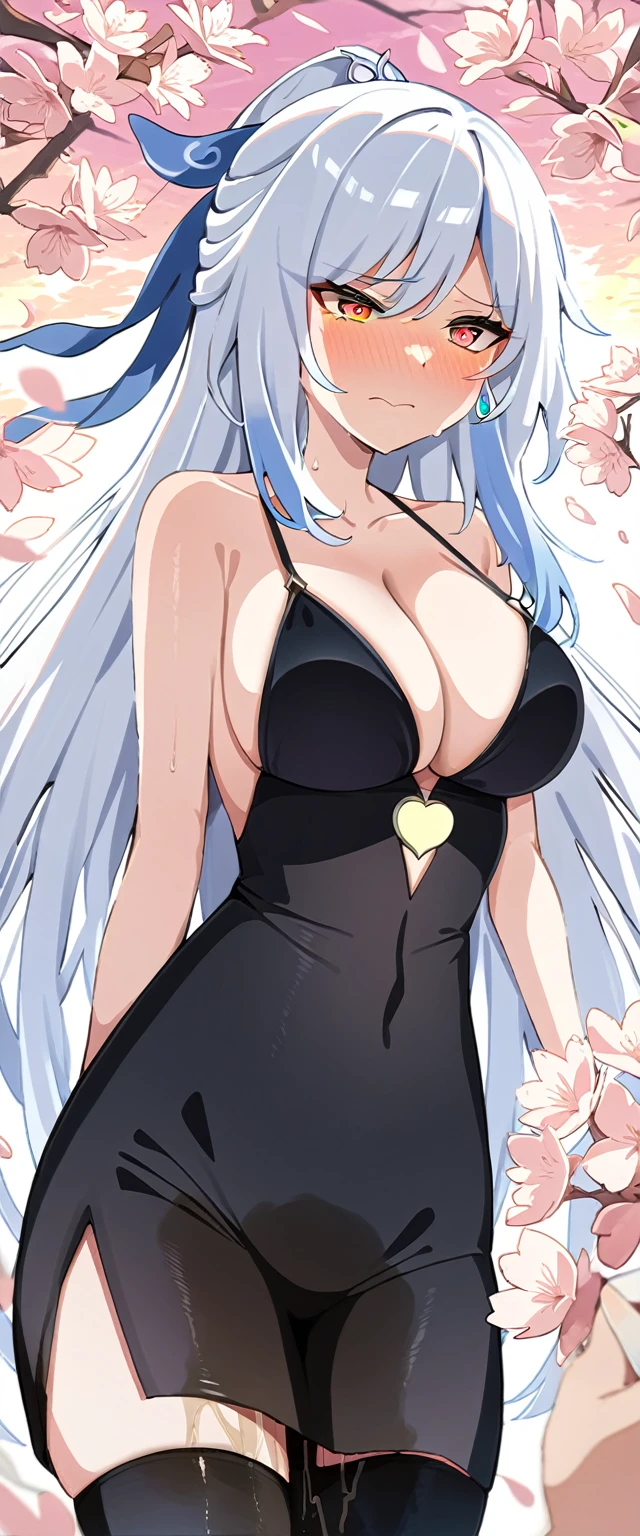 (masterpiece:1.37), best quality, (extremely detailed:1.37), (1girl:1.5), woman, (mature:1.5), (adult:1.5), jingliu, white hair, long hair, ponytail, hair ribbon, red eyes, earrings, jewelry, black dress, silk dress, transparent dress, (extremely tight dress:1.5), (extremely detailed eyes:1.37), (wetting self:1.5), desperation, embarrassed, humiliation, blushing, angry, cherry blossoms, garden, (golden hour:1.5)
