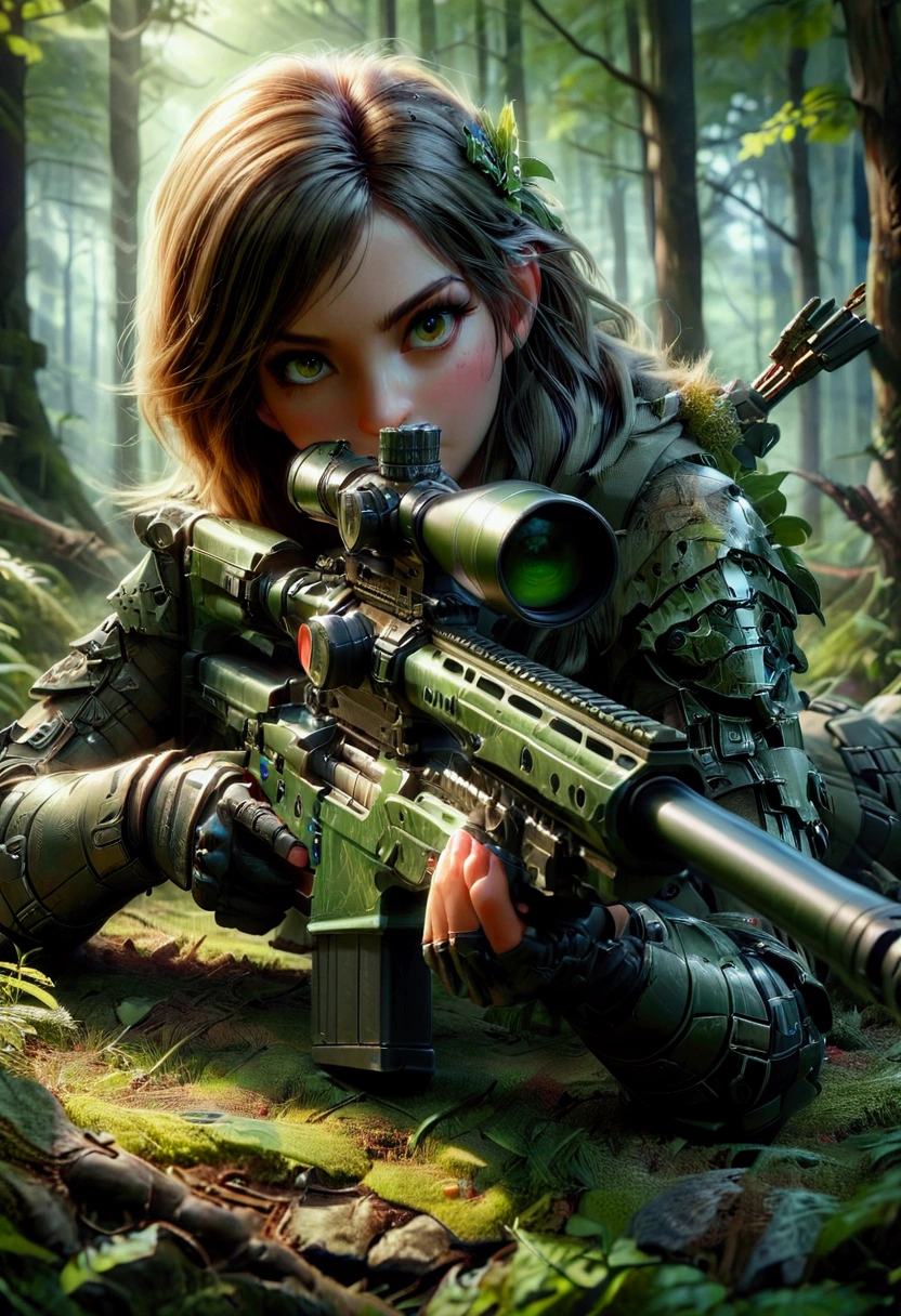 1girl, Sniper, A highly detailed, portrait of a skilled sniper in a camouflage uniform, lying prone with a high-powered sniper rifle, focused intently through the scope, surrounded by lush foliage in a forest environment, dramatic lighting, cinematic composition, hyper-detailed textures, muted color palette, gritty, masterpiece, best quality, very aesthetic, absurdres