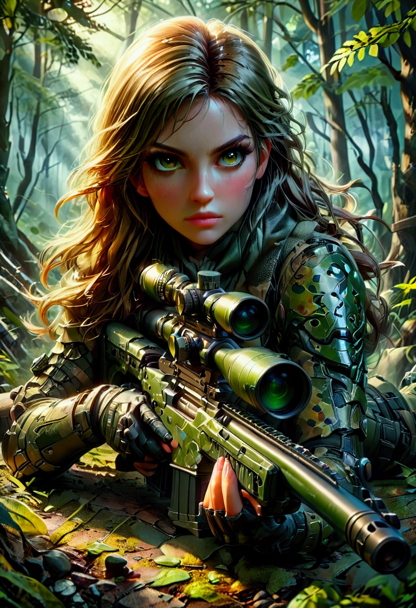 1girl, Sniper, A highly detailed, portrait of a skilled sniper in a camouflage uniform, lying prone with a high-powered sniper rifle, focused intently through the scope, surrounded by lush foliage in a forest environment, dramatic lighting, cinematic composition, hyper-detailed textures, muted color palette, gritty, masterpiece, best quality, very aesthetic, absurdres