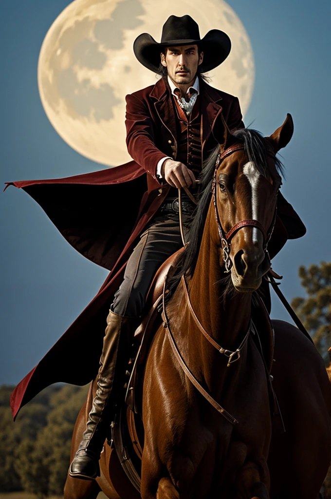 Count Dracula with cowboy hat riding across the plain 