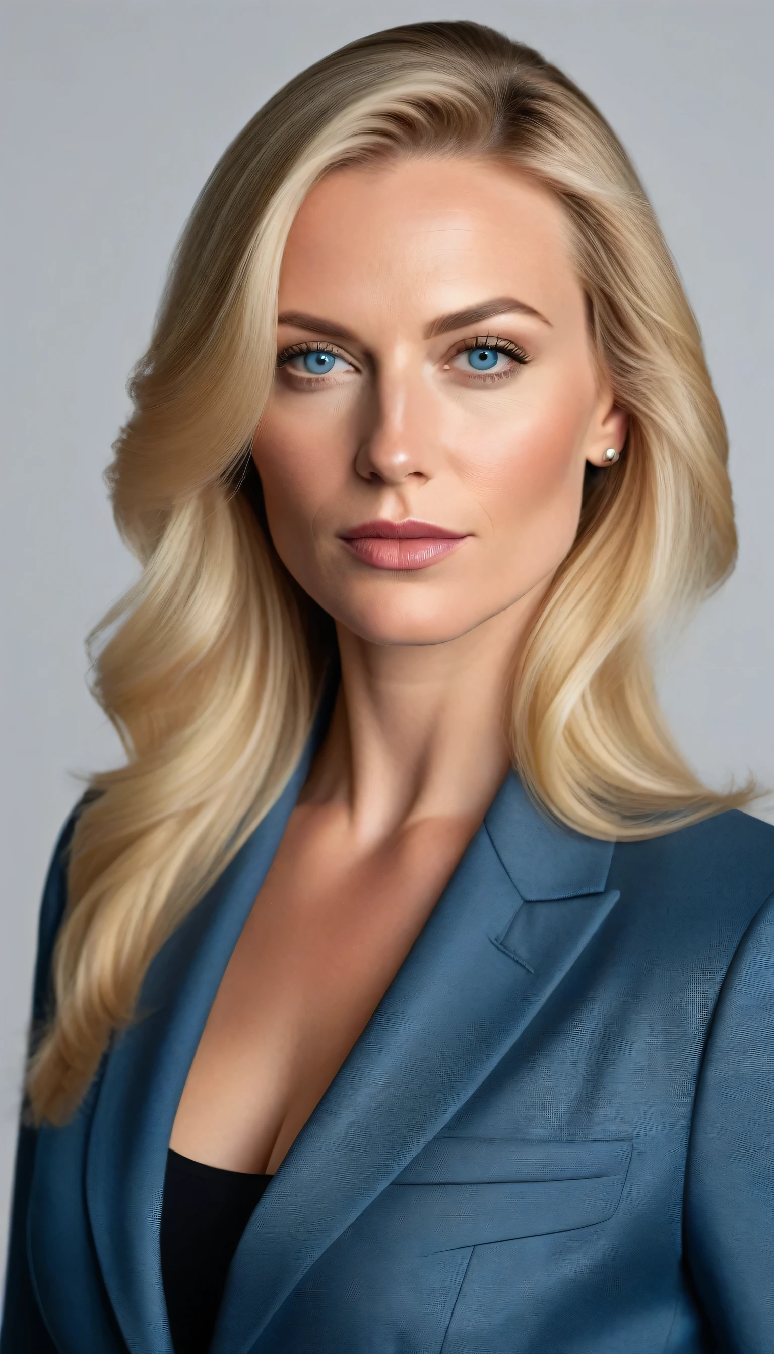 a beautiful 32 year old lady with blonde hair , blue eyes with a great shape wearing a high quality suit