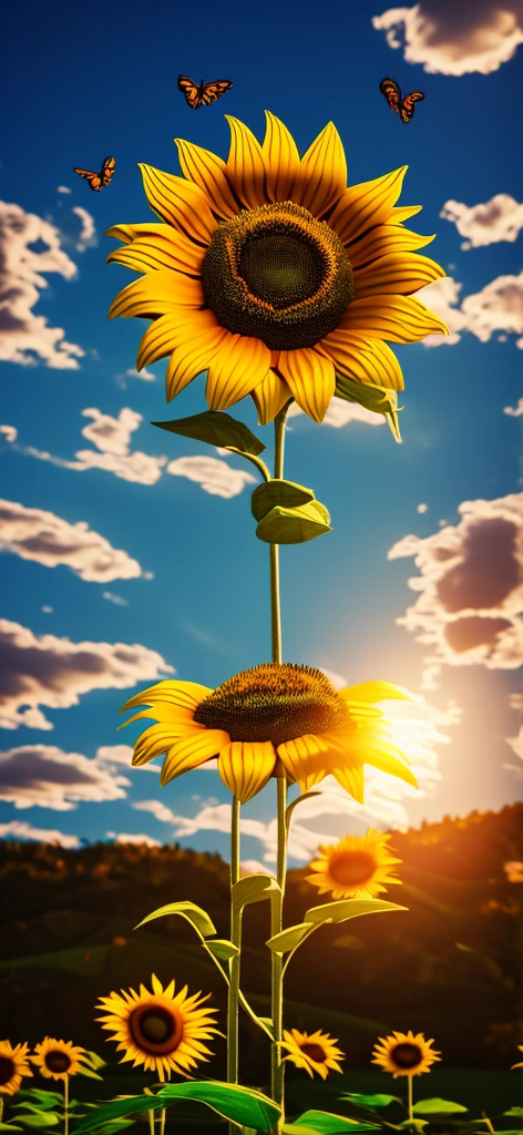 Create a picture of a 3D sunflower floating on the mobile screen with some butterflies flying around., 3d (cyborg:1.1), hdr, details, hyperdetailed:1.2), Vignette, centered