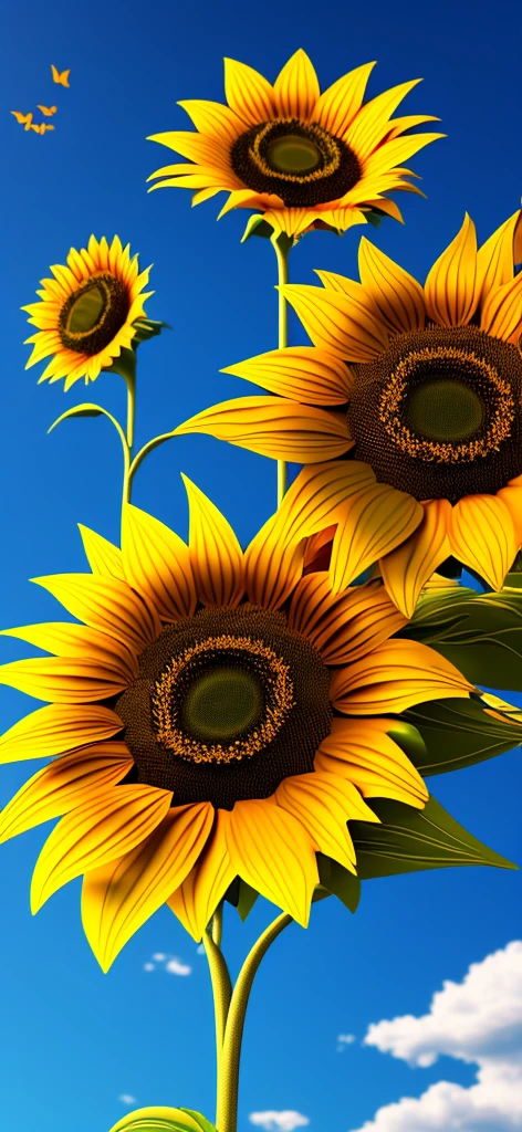 Create a picture of a 3D sunflower floating on the mobile screen with some butterflies flying around., 3d (cyborg:1.1), hdr, details, hyperdetailed:1.2), Vignette, centered