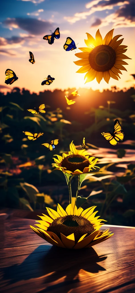 Create a picture of a 3D sunflower floating on the mobile screen with some butterflies flying around., 3d (cyborg:1.1), hdr, details, hyperdetailed:1.2), Vignette, centered