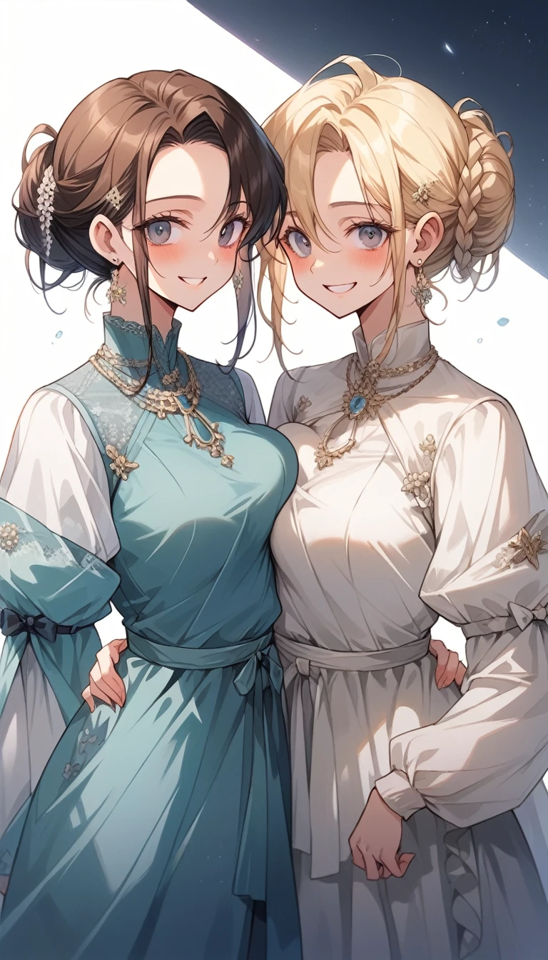 Official Arts, unity wallpaper 8k, ultra detailed, beautiful and aesthetically sensual, Masterpiece, Best Quality, 2 women, mother and daughter, 30-year-old woman, lascivious busty milf with brown hair dressed in coguar outfits that attract the attention of excited 18-year-olds with a mischievous smile. Her 18-year-old blonde daughter with a rebellious dressed in modern clothes that a pissed off but excited street prostitute could wear with airs. of superiority both are in the living room of their house dressed in everyday clothes at night