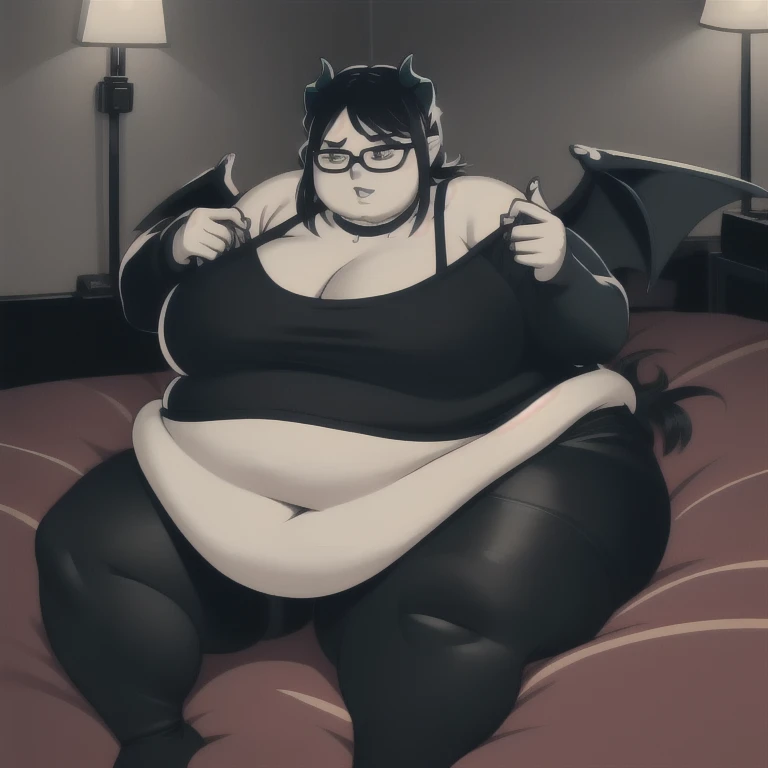 A  goth woman with smooth skin, a tall and curvy figure, white outline, monochrome, and a hyper massive voluptuous body. She has large thick fat breasts, (gigantic breasts,  1.5), she has thick breasts, an extremely thick giant fat enormous sexy huge humongous gigantic ass, and horns, thick figure. The woman has cute short wild black hair that covers one eye, blacked out eyes with dark red pupils, and is wearing cute glasses. She has a seductive expression, moaning, lust face. The woman is wearing a large black sweater and gray leggings, wearing a spiked choker, wearing black makeup, and has black horns, larg black demon wings. She is laying seductively on a bed, holding her belly, sweating, moaning, and gaining weight, with a sexy fat body. ((obese, fat, excess fat)), (morbidly obese body:1.5) (fat neck and chin) (obese:1.1). (Very large thighs) (((Colossal thighs, massive thighs,  very large thighs))), (best quality,4k,8k,highres,masterpiece:1.2),ultra-detailed,(realistic,photorealistic,photo-realistic:1.37),HDR,UHD,studio lighting,ultra-fine painting,sharp focus,physically-based rendering,extreme detail description,professional,vivid colors,bokeh,portraits,horror,goth, fantasy