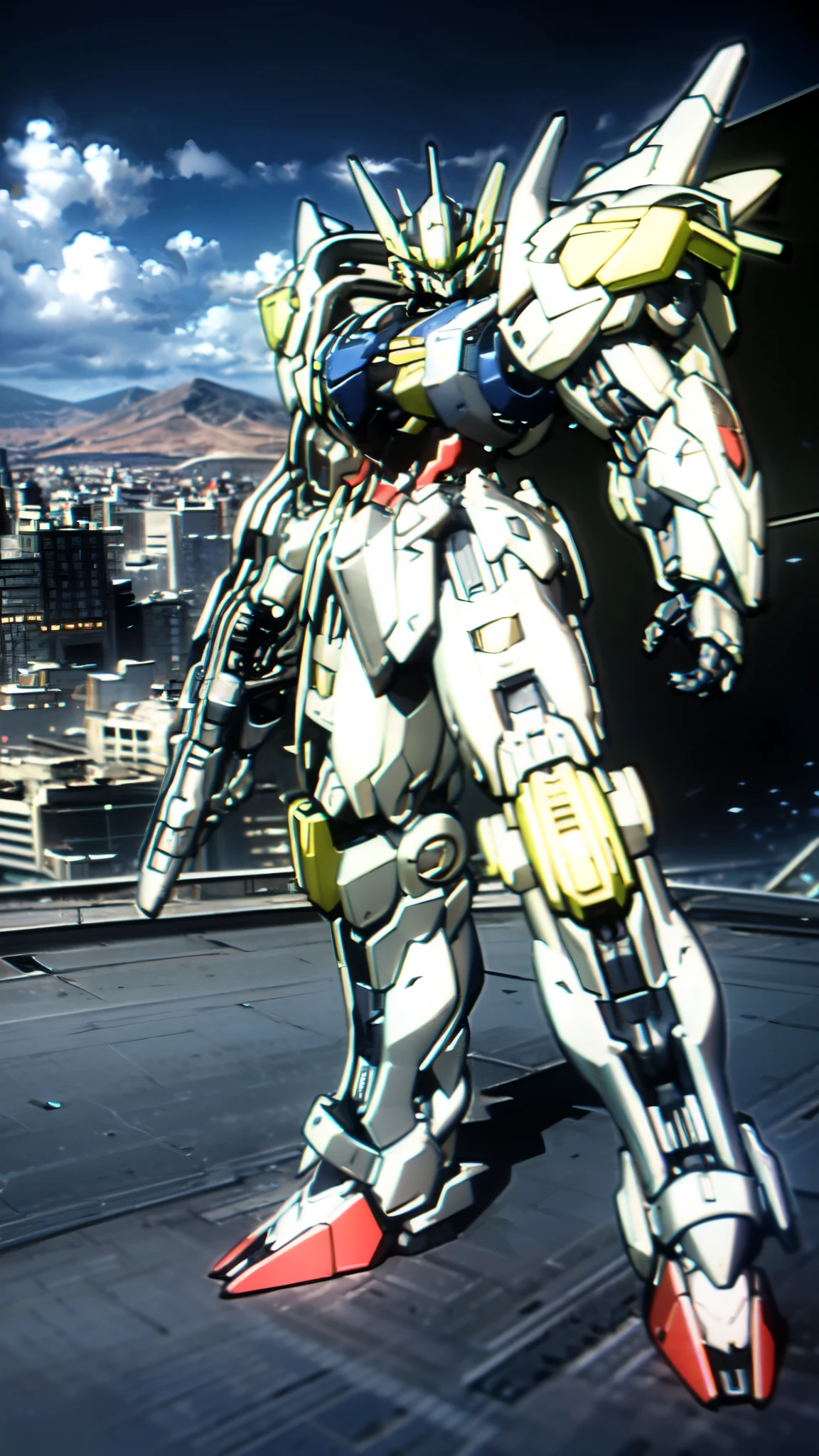 (masterpiece:1.5, best quality:1.5, extremely delicate:1.5), humanoid Mecha, fully enclosed shoulder guards, matching arm and leg guards, full body, full armor, the design balances heavy with agility, (the color scheme is primarily white with red and blue accents, the concept Inspired by Super robot, organic biotech armor, standing, floating high above the futuristic sci-fi city), exquisite and mature art style, (aura effect, energy, glowing eyes, the armor glows), ((SRS)), metallic, dramatic, high definition, highres, ultra-detailed, ultra-fine painting, professional, perfect body proportions, anatomically correct, symmetrical face, extremely detailed eyes and face, high quality eyes, creativity, RAW photo, UHD, 32k, Natural light, cinematic lighting, masterpiece-anatomy-perfect
