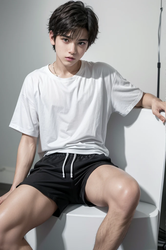 Young man with short hair wearing a white shirt with black shorts and white flip-flops in a studio with a white background with a doubtful expression