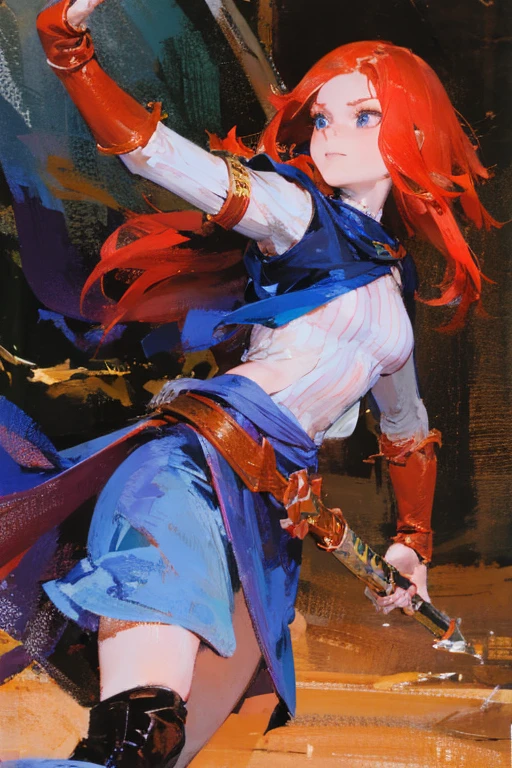 A red-haired girl wields the Heavy Thrusting Swords from within the Elden Ring in a reverse grip.