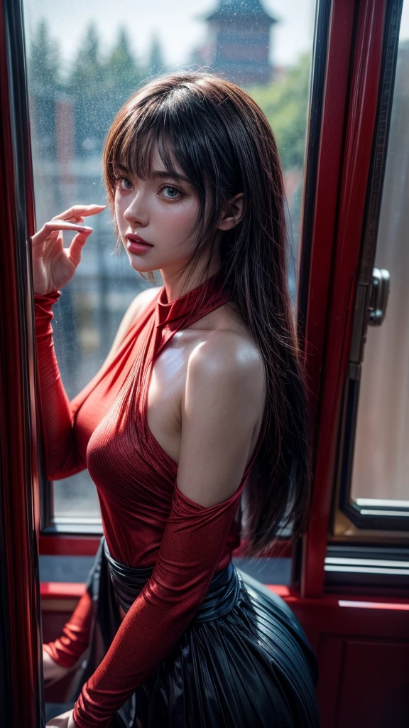 Picture of a girl in red and blue clothes looking out the window, Wojtek FUS, Rostland 8K, cgsociety 8 k, cgsociety 8k, cgsociety 8k, Realistic anime 3D style, Artgerm and Atey Ghailan, Ilya Kuvshinov. 4K, CG Club, inspired by cg society