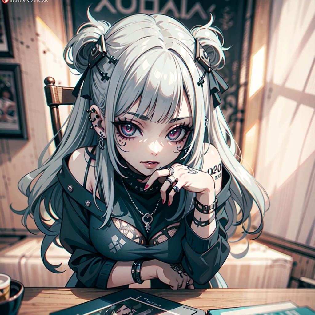 masterpiece, 8k, best quality, extremely detailed, ultra-detailed face, detailed eyes, hires, piercings、Ring、tattoo、goth punk, ultra-fine illustrations, beautiful attractive girl, Full body, jewelry, clothes with attention to detail, Perfectly proportioned, Big breasts, detailed hair, long hair, Gothic room