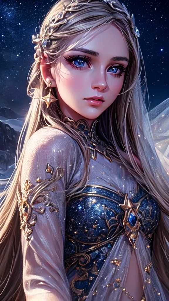 Masterpiece, fantasy art, extremely detailed, (overhead view, fisheye view:1.2), vivid colors, 1 girl, ice goddess, stunning beauty, (big sapphire eyes:1.1), (hair ornament:1.3), (beautiful eyes and face makeup:1.3), open shoulder, cleavage, (lace long dress:1.2), see through fabric, cinematic lighting,(negative space:1.5), intricate background, (fractal art:2), (snowflakes:1.3)