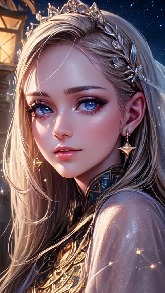 a beautiful woman looking at the stars, 1girl, detailed face, beautiful detailed eyes, beautiful detailed lips, extremely detailed face, long eyelashes, elegant expression, starry night sky, moonlight, glowing stars, peaceful atmosphere, cinematic lighting, dramatic shadows, oil painting, fantasy, muted colors, warm tones, (best quality,4k,8k,highres,masterpiece:1.2),ultra-detailed,(realistic,photorealistic,photo-realistic:1.37)