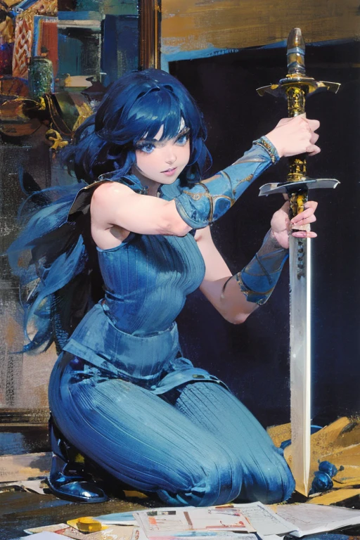 A deep blue-haired girl wields the Heavy Thrusting Swords from within the Elden Ring in a reverse grip.