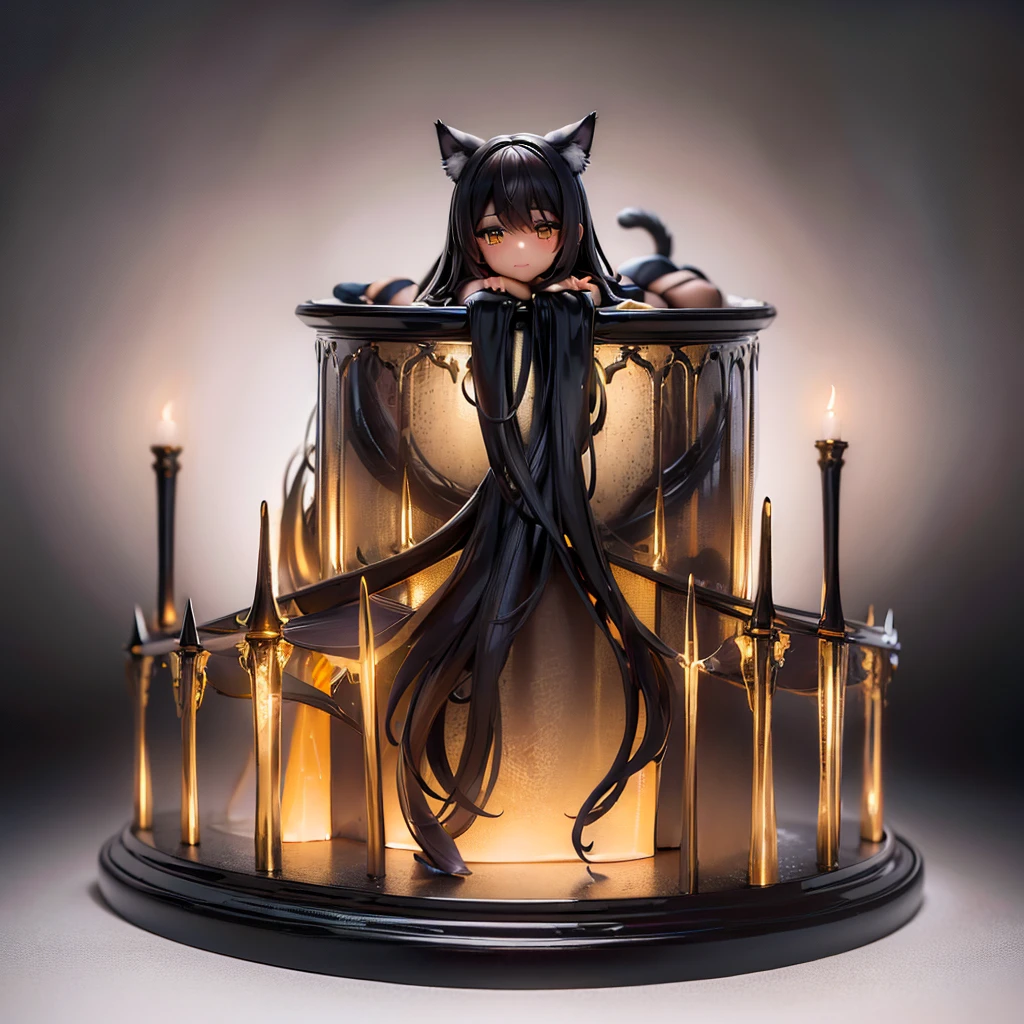 (high resolution, full body, soft skin:1.2),(best illustration,masterpiece:1.2),ultra-detailed,[(cat ears , black inside:1.2, black ponytail hair, gold eyes, cat eyes, dark skin),vivid colors,sharp focus,studio lighting,bokeh, wearing a WHITE Plunge One Piece Swimsuit, pier at night background, smiling, jumping in the air