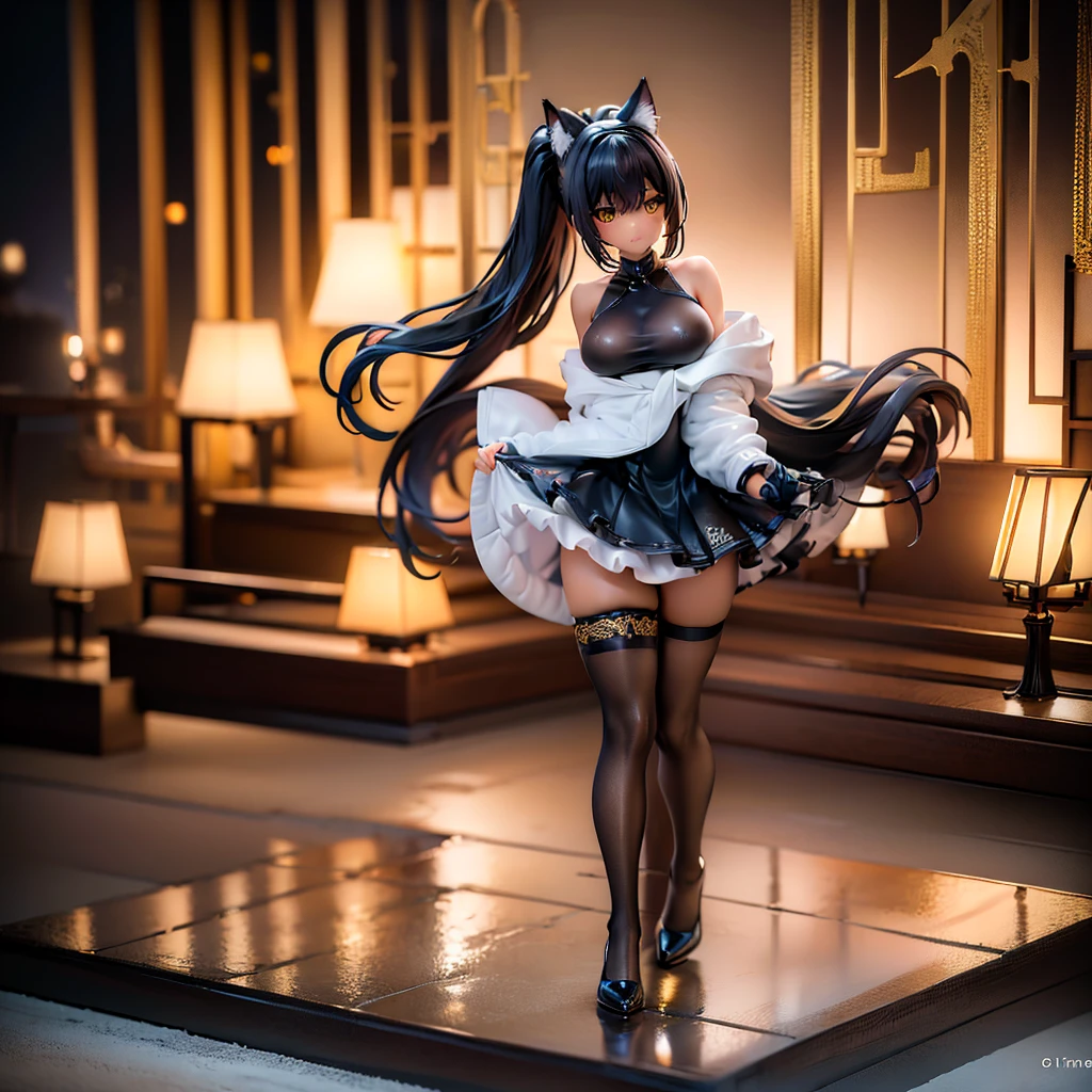 girl, Wearing a wedding dress, White Wedding Dress, Full body painting, slim, Long legs Dark blue hair girl, Cat ears and tail, Wearing a tank top and racing pants. body type Twin tails Female genitalia is visible Detailed depiction of female genitalia Flat Chest Stern expression With legs apart