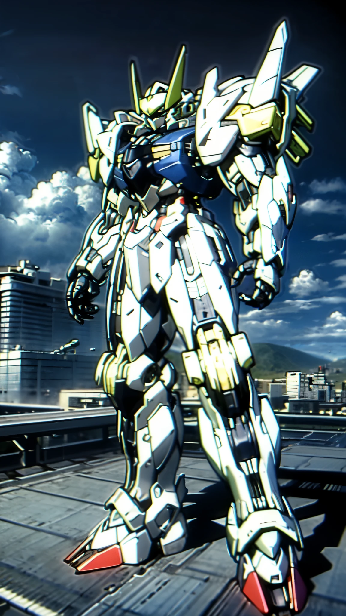 (masterpiece:1.5, best quality:1.5, extremely delicate:1.5), humanoid Mecha, fully enclosed shoulder guards, matching arm and leg guards, full body, full armor, the design balances heavy with agility, (the color scheme is primarily white with red and blue accents, the concept Inspired by Super robot, organic biotech armor, standing, floating high above the futuristic sci-fi city), exquisite and mature art style, (aura effect, energy, glowing eyes, the armor glows), ((SRS)), metallic, dramatic, high definition, highres, ultra-detailed, ultra-fine painting, professional, perfect body proportions, anatomically correct, symmetrical face, extremely detailed eyes and face, high quality eyes, creativity, RAW photo, UHD, 32k, Natural light, cinematic lighting, masterpiece-anatomy-perfect
