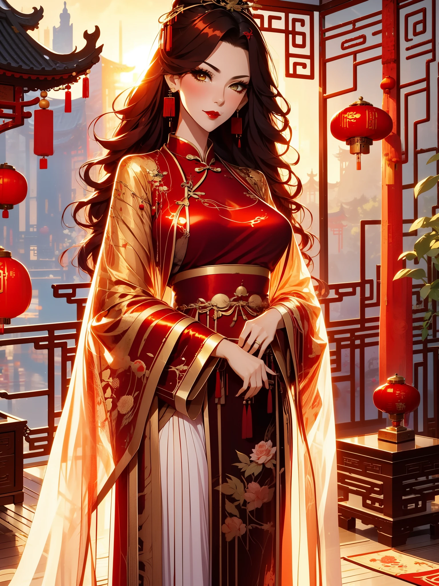 score_9, score_8_up, score_7_up, score_6_up, score_5_up, score_4_up, Xian Mei, golden eyes, red curly hair, tied hair, hair in a bun, hairpin, traditional Chinese red wedding hanfu dress, Yourqipao Red Embroidery Chinese Xiuhe Hanfu Women's Satin Cheongsam Ancient Traditional Chinese Bride , Wedding Dress, Long Dresses, Long Earrings, Red Lipstick, Detailed Eyes, Traditional Wear, Sexy Attractive, Hot, Traditional, Big Smile, Happy, Blush, Chinese Temple, Lotuses,