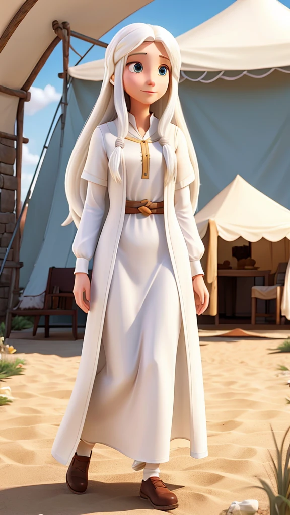 Woman with long white hair, White skin, long tunic clothing like jesus, behind a tent
