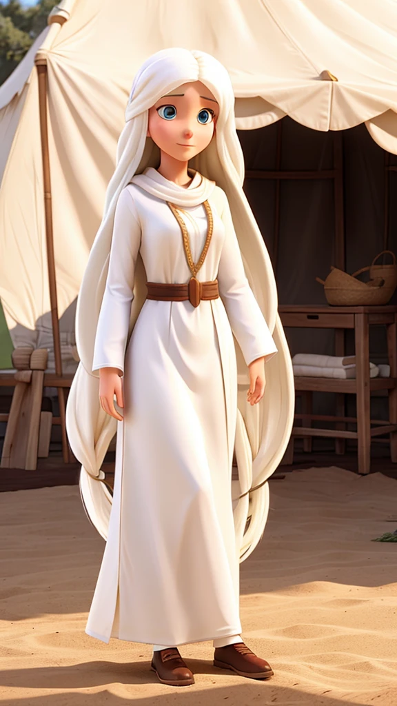 Woman with long white hair, White skin, long tunic clothing like jesus, behind a tent
