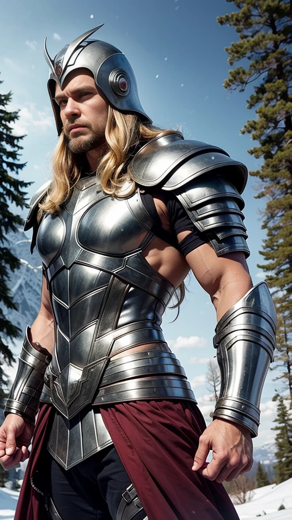 Thor, muscular man, blonde hair, blonde beard, silver armor, fur armor, leather, snow-capped mountains, tall trees, rough seas,