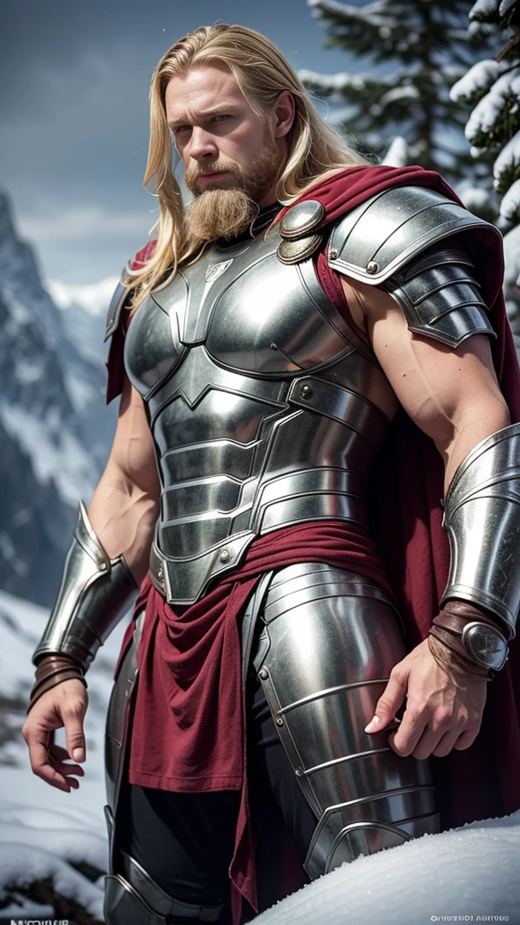 Thor, muscular man, blonde hair, blonde beard, silver armor, fur armor, leather, snow-capped mountains, tall trees, rough seas, 