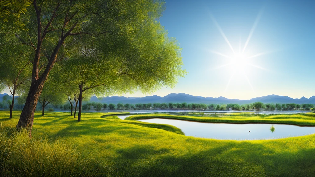 Panoramic photo of Wetland Park from God’s perspective, Multiple ponds，There are no rivers，no big water surface、Morning sun、Many ponds are surrounded by date groves，Very pleasant, Aesthetic, dispassionate, Scenic one. realisticlying, 8k ultra high definition, Studio quality, ultra real photo, max detail, massive scale, Post-processing, current, photo-realism, Photoshop, photography of, Detailed pubic hair, light, The landscape, in a panoramic view, The landscape, ray traycing, 4d cinema。