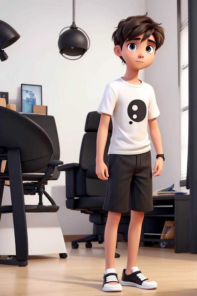 Young man with short hair wearing a white shirt with black shorts and white flip-flops in a studio with a white background with a doubtful expression