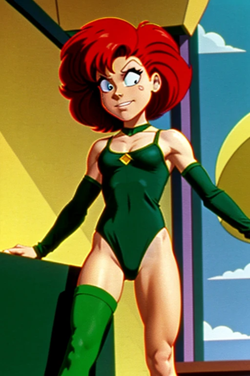 a redhead cartoon character dressed in a green leotard, very muscular, a young male wizard, 1980s cartoon, animated episode still, Presto (((mad)))