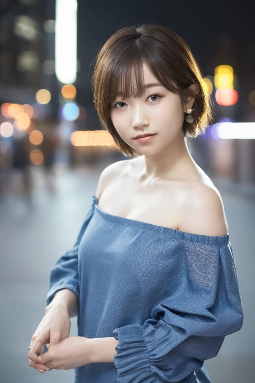 1girl, (wearing a blue off-shoulder knit top:1.2),(RAW photo, best quality), (realistic, photo-realistic:1.4), masterpiece, an extremely delicate and beautiful, extremely detailed, 2k wallpaper, Amazing, finely detail, extremely detailed CG unity 8k wallpaper, ultra-detailed, highres, soft light, beautiful detailed girl, extremely detailed eyes and face, beautiful detailed nose, beautiful detailed eyes,(cinematic lighting:1.4),(in the city at night:2.0),perfect anatomy,(slender body:1.2),(close up face:1.8),(gentle smile,Friendly, warm:2.0),(looking at viewer:1.8),(japanese idol:1.8),(wavy shorthair:1.6), (brown eyes:1.8),(standing and posing:2.0),(cleavage:1.5),