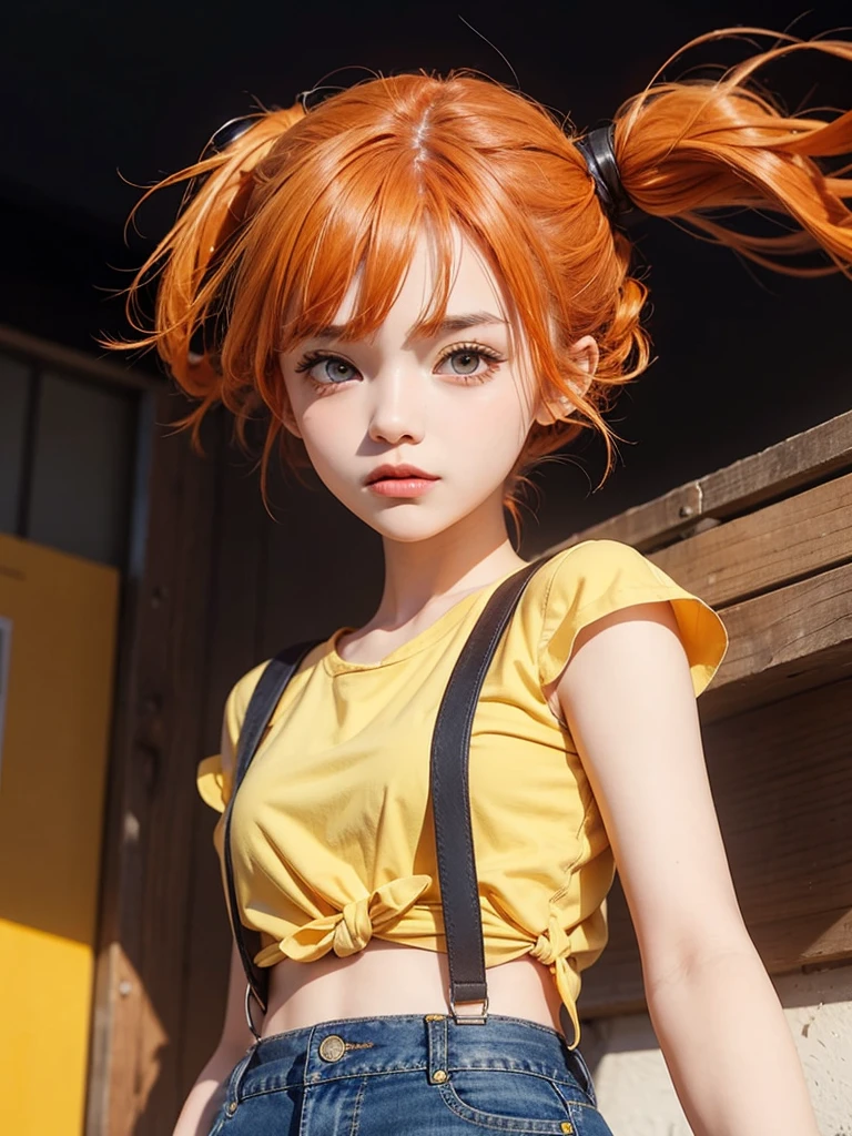 a beautiful girl, with tied orange hair, with yellow blouse jeans.