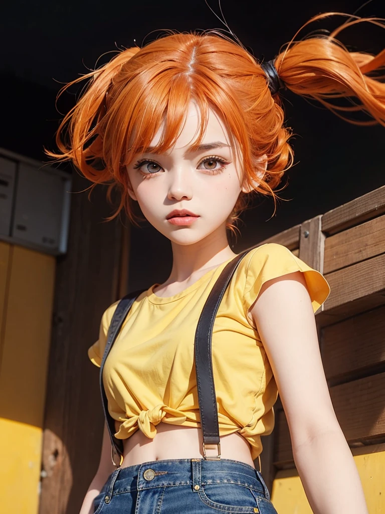 a beautiful girl, with tied orange hair, with yellow blouse jeans.
