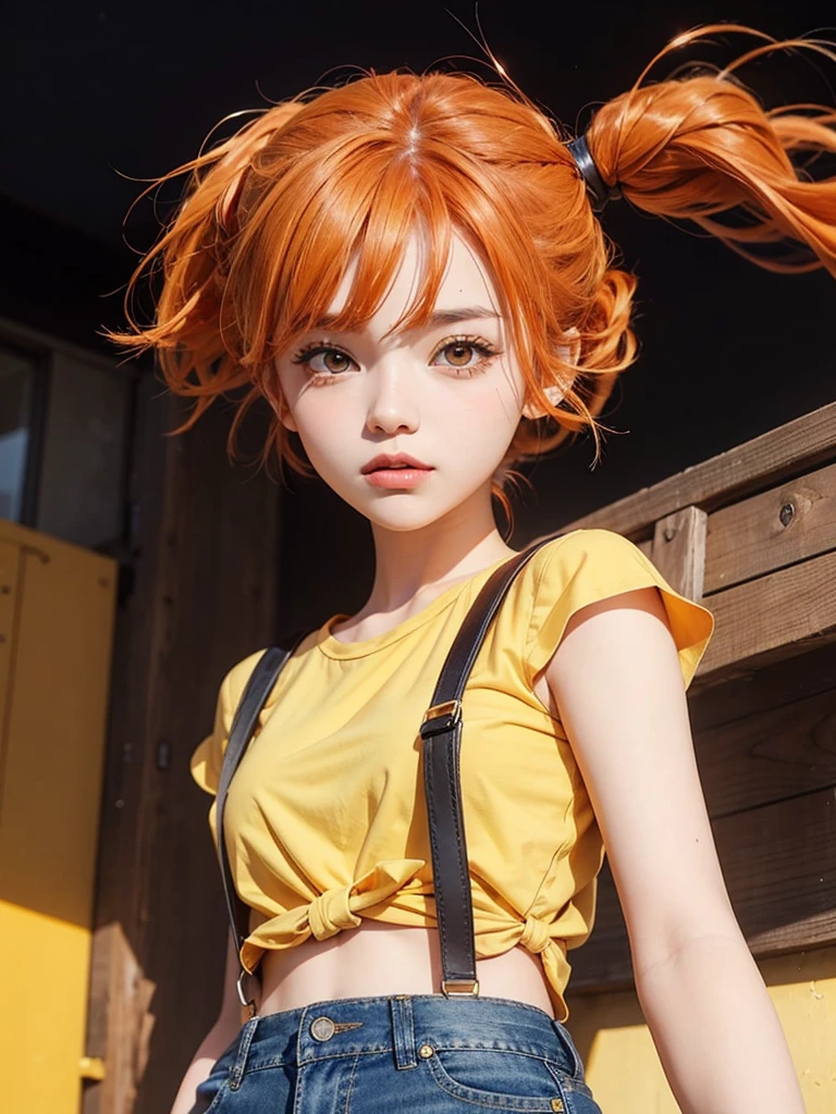 a beautiful girl, with tied orange hair, with yellow blouse jeans.