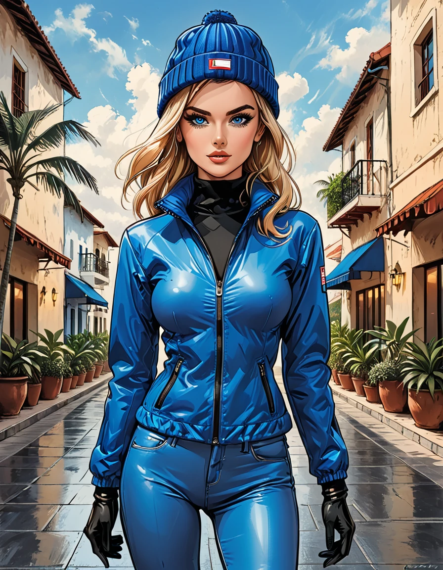 (((girl in Blue zipped up down winter jacket and black turtleneck )) and levis (jeans)  and blue gloves and (((blue winter hat)))) walking against the backdrop of a white hotel in the tropics,outside,  adult, [Nordic], Hourglass elongated fitness body, perfect Olive skin, Oval Face, Rounded shoulders, perfect hand, (Short blonde Waves pixie hair), snub nose, Arched eyebrows, ((Monolid blue Eyes)), High Round Narrow cheekbones, Dimpled Cheeks, Rounded Chin, Rounded Jawline, Full nude Lips, (blue eyes), Nude Makeup Look, long eyelashes, third breast size, long slim fitness legs, graphic style of novel comics, perfect hands, 2d, 8k, hyperrealism, masterpiece, high resolution, best quality, ultra-detailed, super realistic, Hyperrealistic art, high-quality, ultra high res, highest detailed, lot of details, Extremely high-resolution details, incredibly lifelike, soft cinematic light,