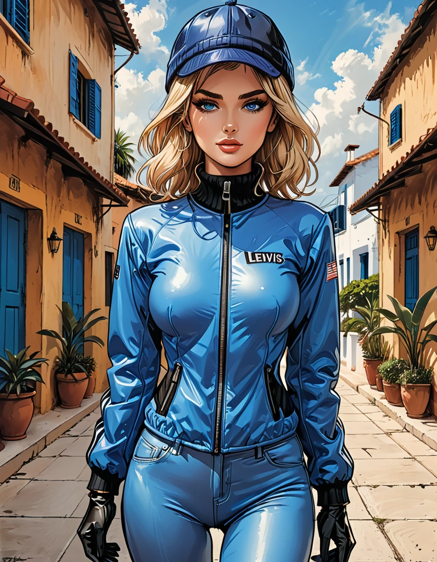 (((girl in Blue zipped up down winter jacket and black turtleneck )) and levis (jeans)  and blue gloves and (((blue winter hat)))) walking against the backdrop of a white hotel in the tropics,outside,  adult, [Nordic], Hourglass elongated fitness body, perfect Olive skin, Oval Face, Rounded shoulders, perfect hand, (Short blonde Waves pixie hair), snub nose, Arched eyebrows, ((Monolid blue Eyes)), High Round Narrow cheekbones, Dimpled Cheeks, Rounded Chin, Rounded Jawline, Full nude Lips, (blue eyes), Nude Makeup Look, long eyelashes, third breast size, long slim fitness legs, graphic style of novel comics, perfect hands, 2d, 8k, hyperrealism, masterpiece, high resolution, best quality, ultra-detailed, super realistic, Hyperrealistic art, high-quality, ultra high res, highest detailed, lot of details, Extremely high-resolution details, incredibly lifelike, soft cinematic light,